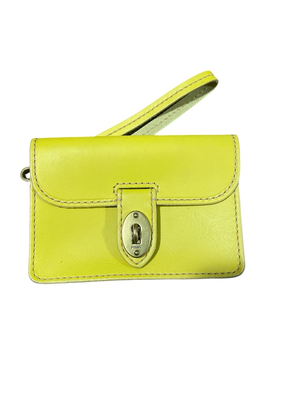 Fossil Women's Small Yellow Leather Wristlet Turn Lock Coin Wallet Clutch Y2k